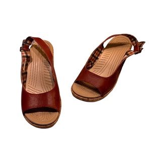 Crocs A-Leigh Burnt Red Leather Slingback Cork Wedge Sandals Women’s Siz…